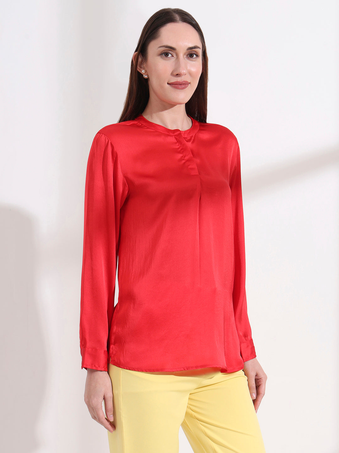 Summer Satin Red Front Pleated Tunic