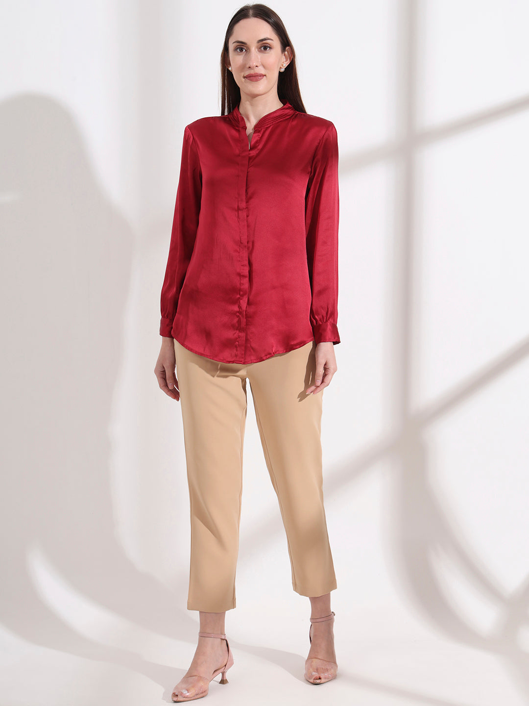 Summer Satin Maroon Mandarin Collar Shirt