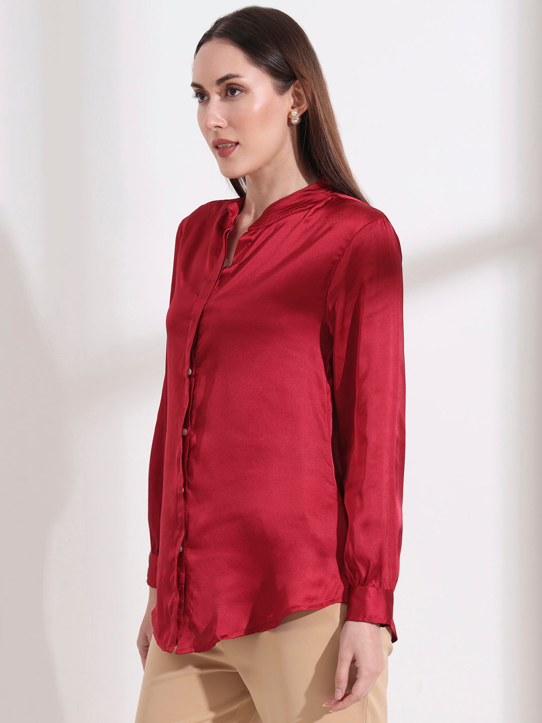 Summer Satin Maroon Mandarin Collar Shirt