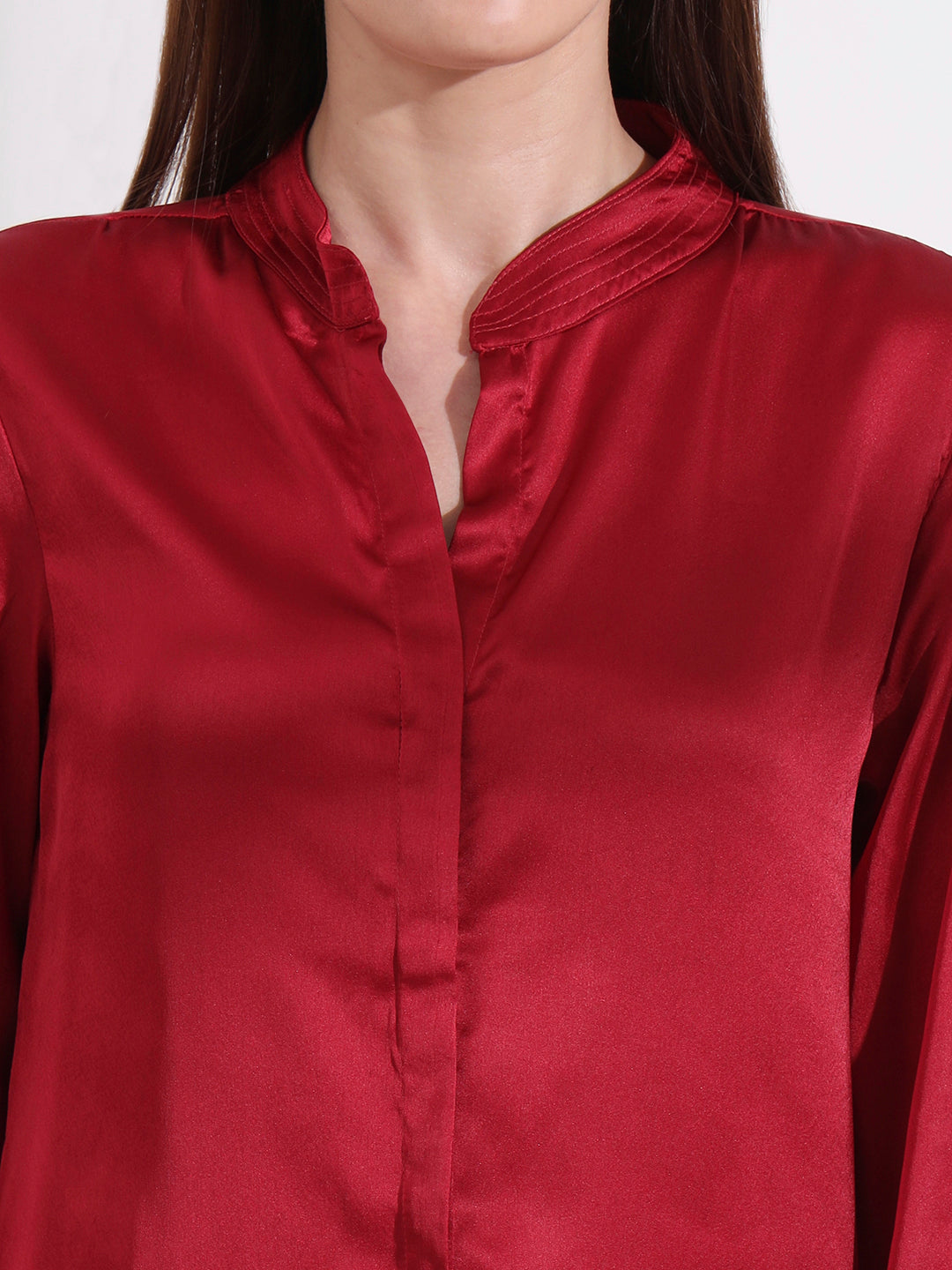 Summer Satin Maroon Mandarin Collar Shirt