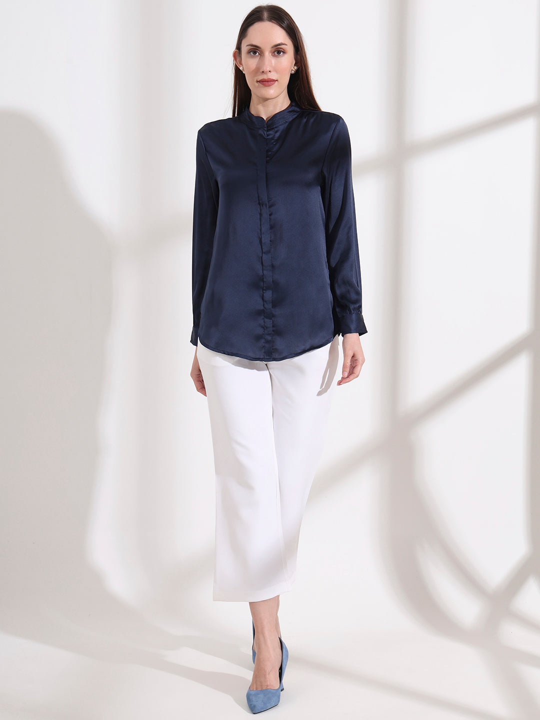 Summer Satin Navy Mandarin Collar Shirt