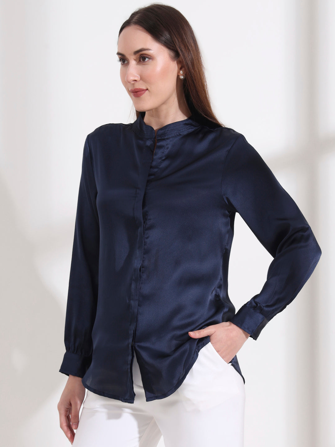 Summer Satin Navy Mandarin Collar Shirt