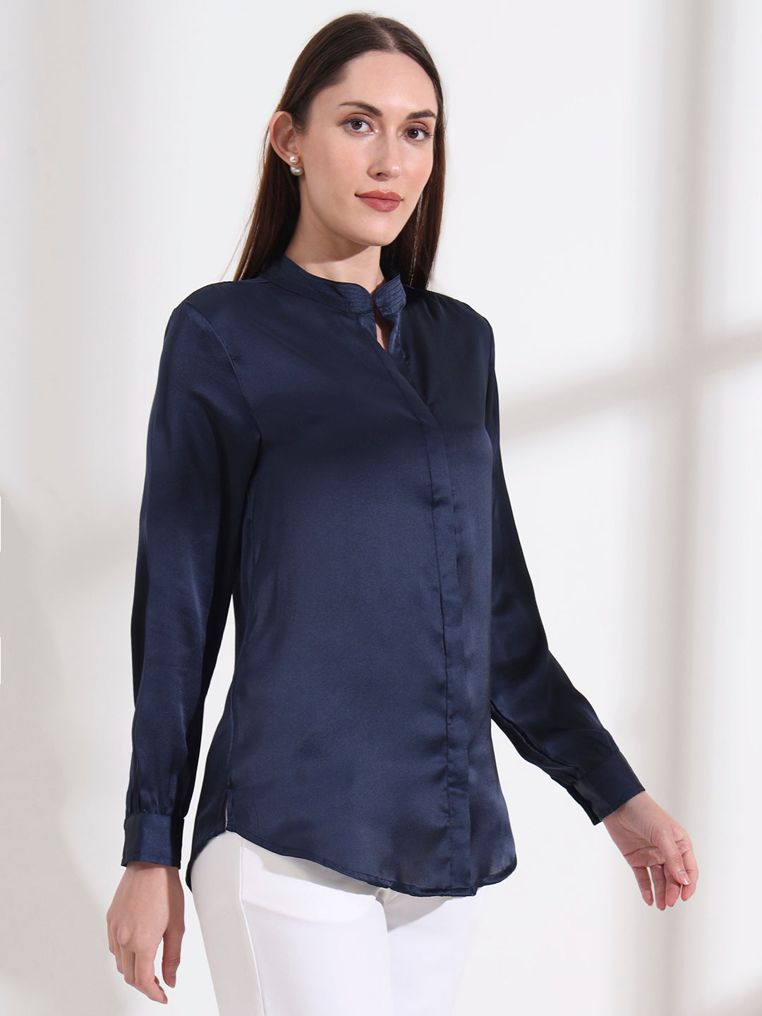 Summer Satin Navy Mandarin Collar Shirt