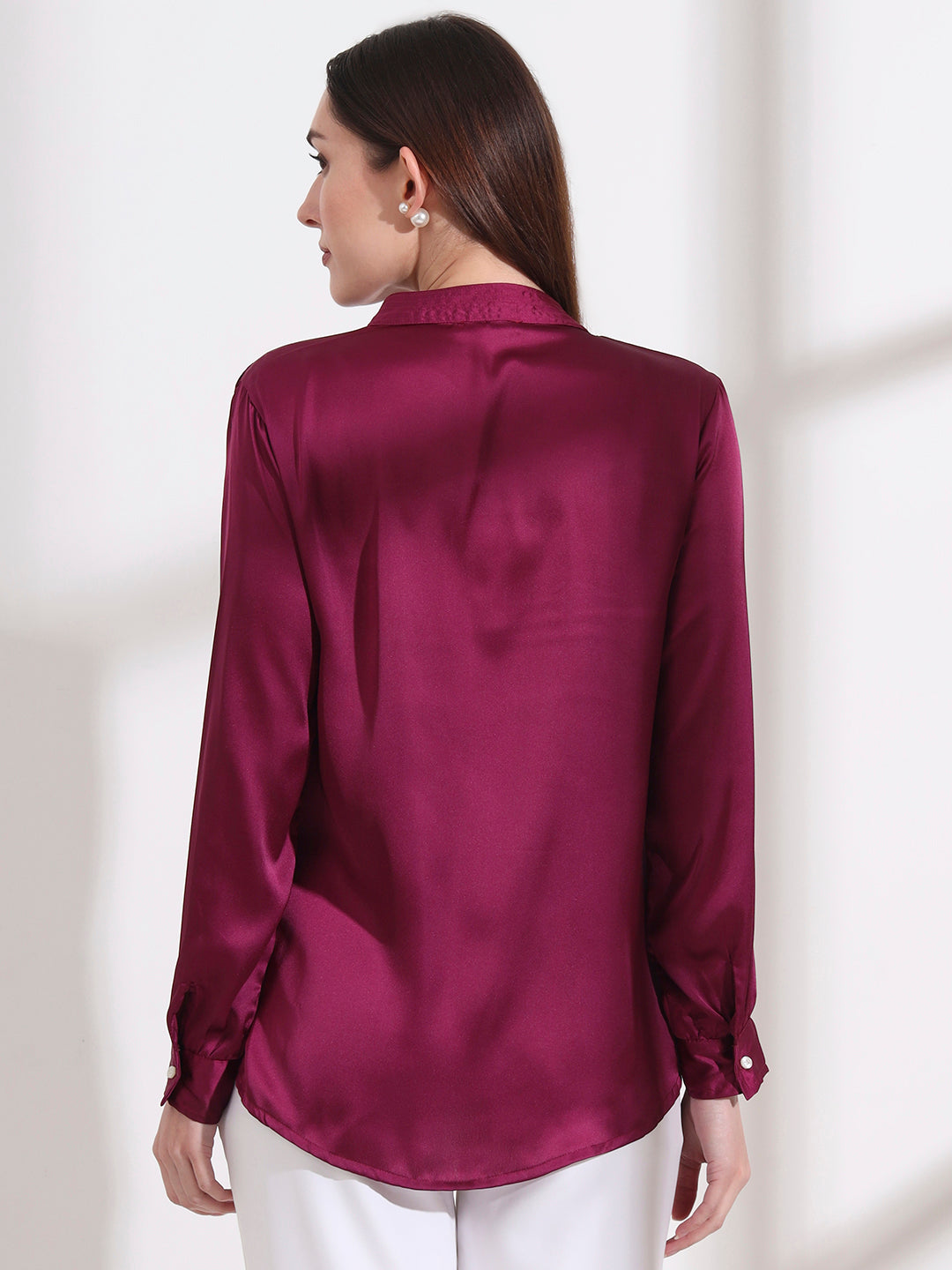 Summer Satin Deep Plum Mandarin Collar Shirt