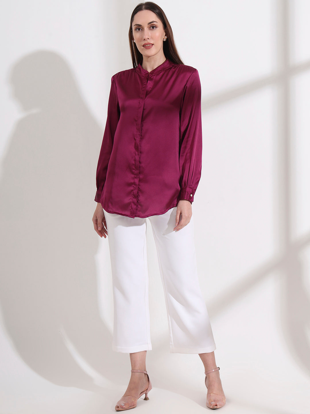Summer Satin Deep Plum Mandarin Collar Shirt