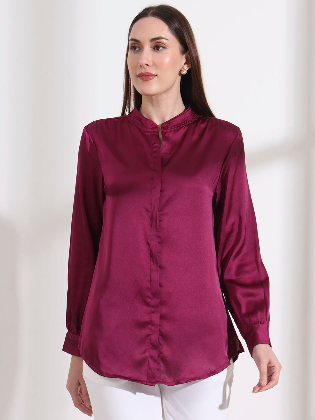 Summer Satin Deep Plum Mandarin Collar Shirt