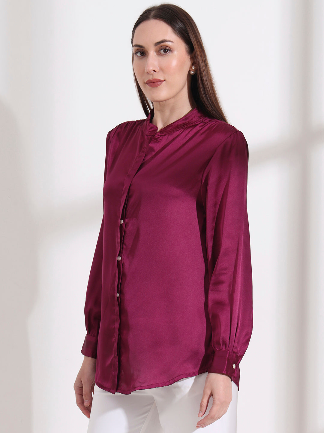 Summer Satin Deep Plum Mandarin Collar Shirt