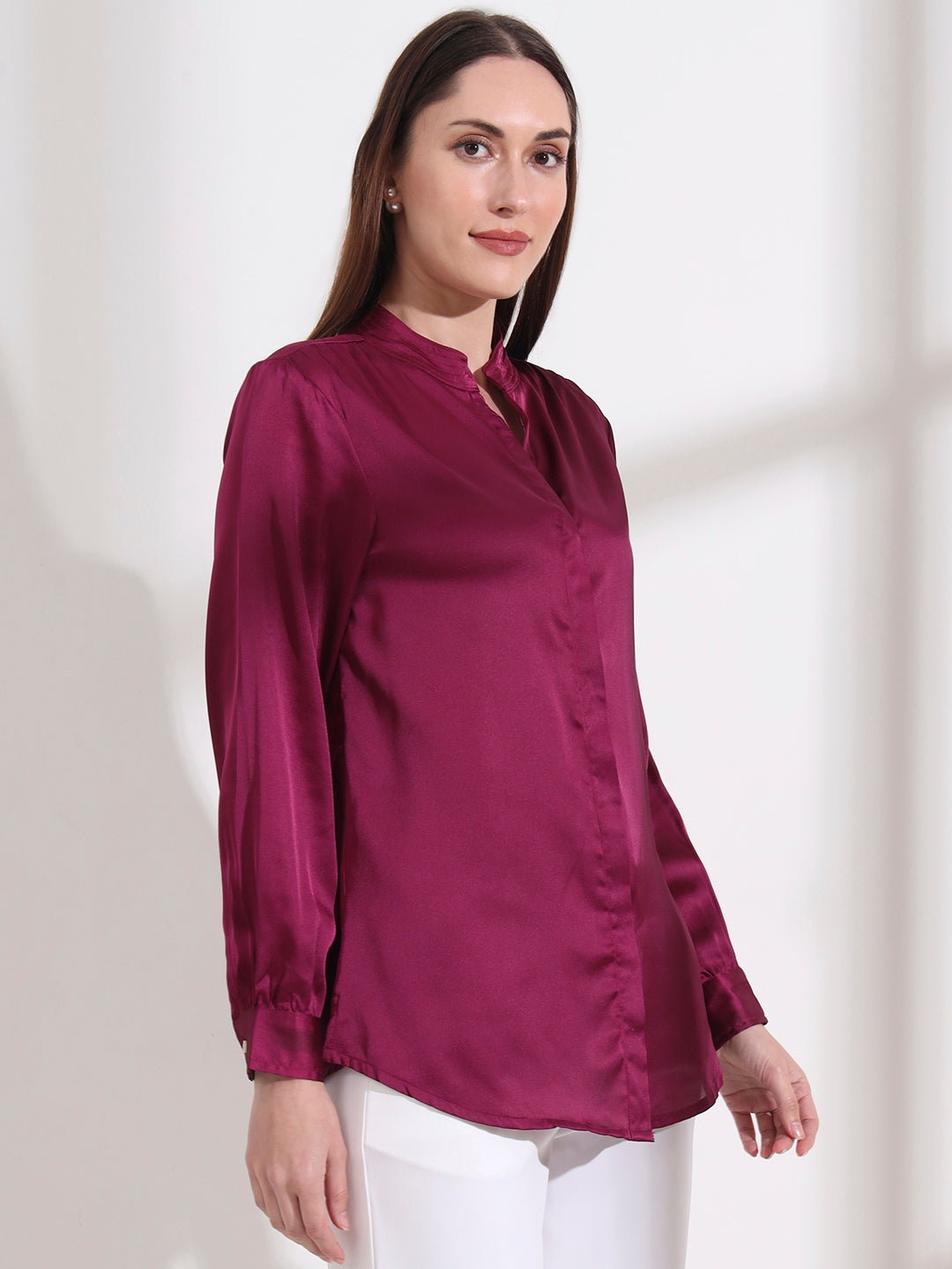 Summer Satin Deep Plum Mandarin Collar Shirt