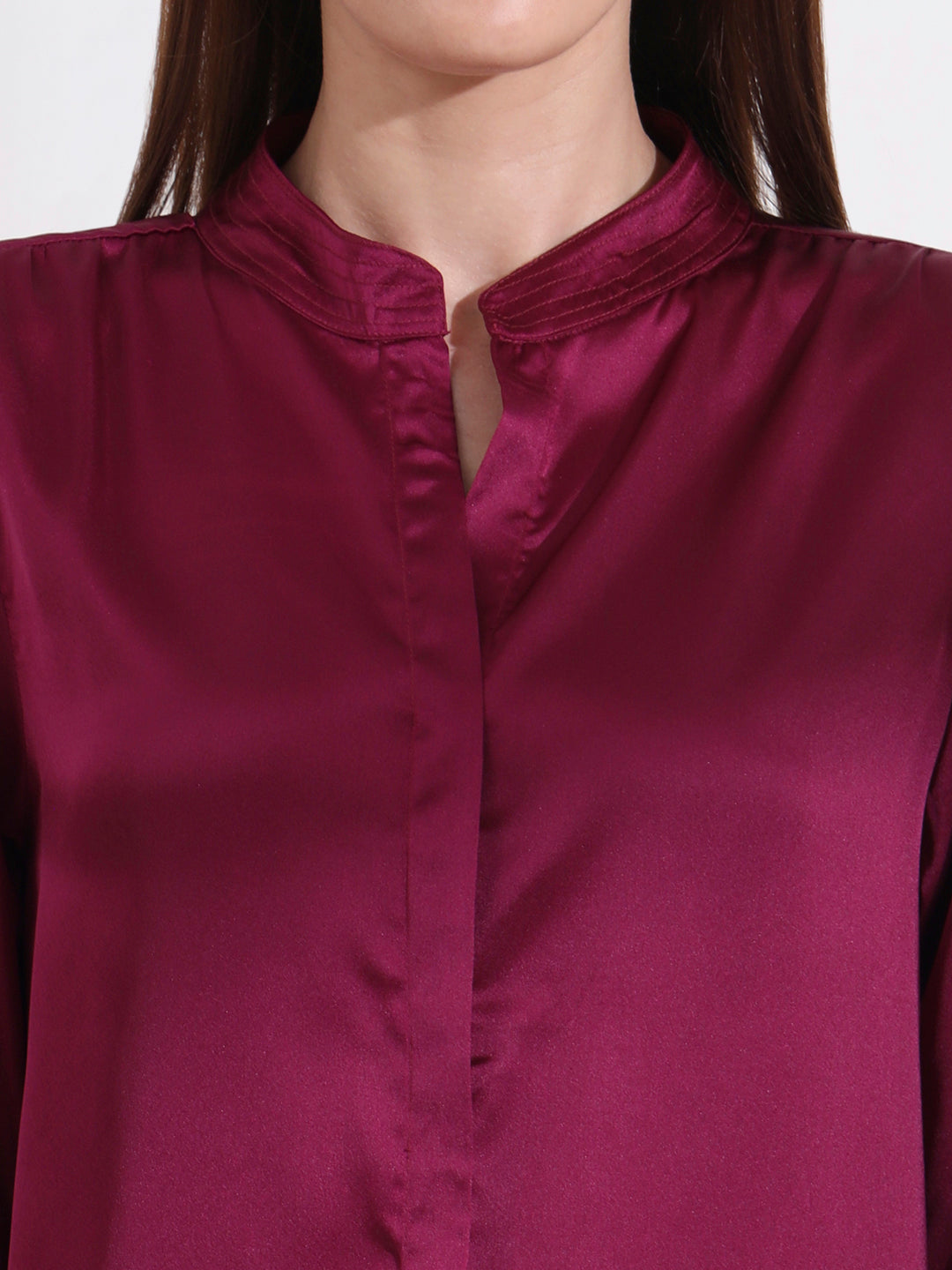Summer Satin Deep Plum Mandarin Collar Shirt