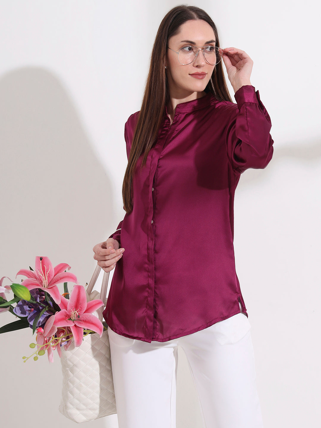 Summer Satin Deep Plum Mandarin Collar Shirt