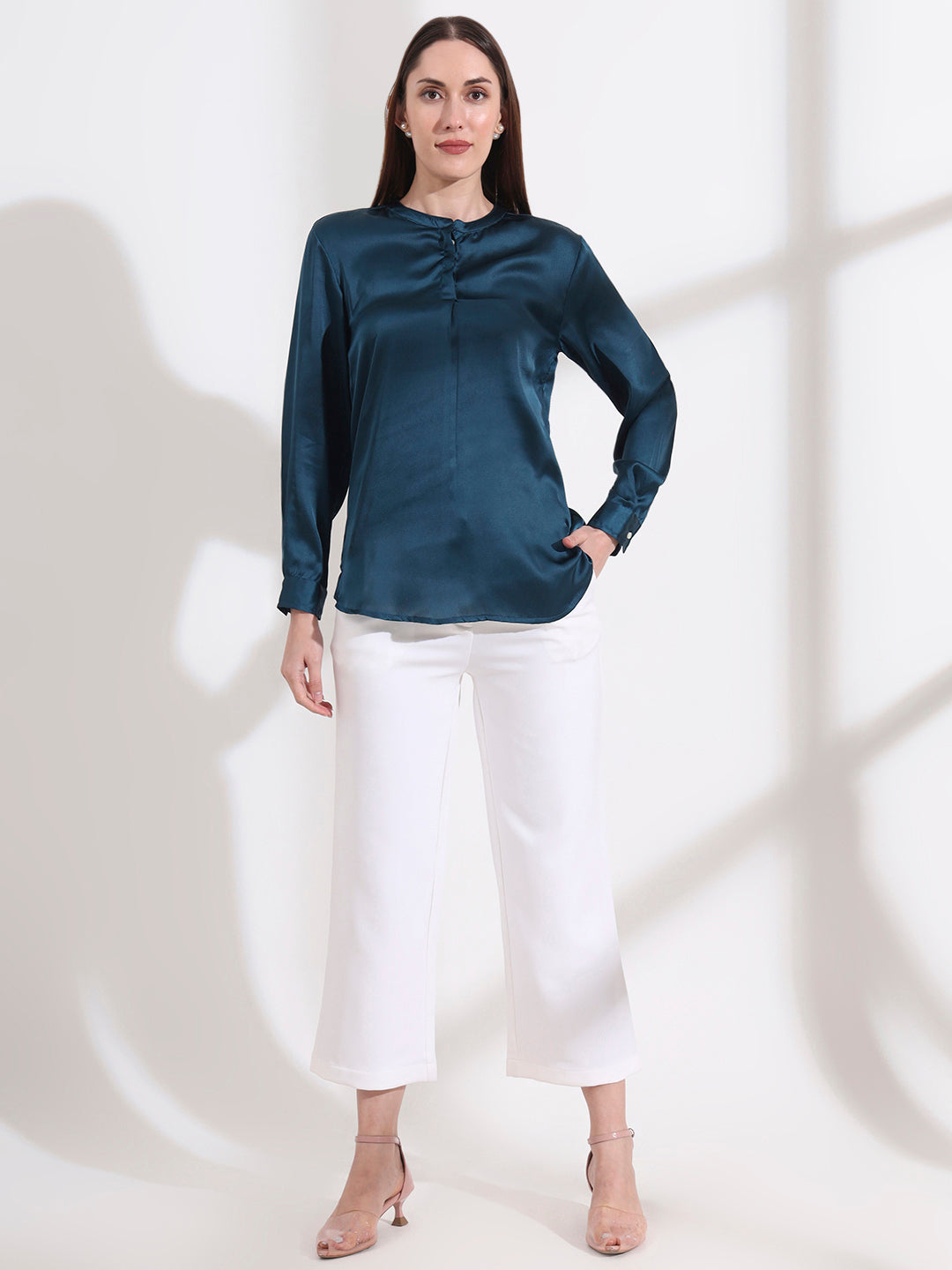 Summer Satin Deep Teal Front Pleated Tunic
