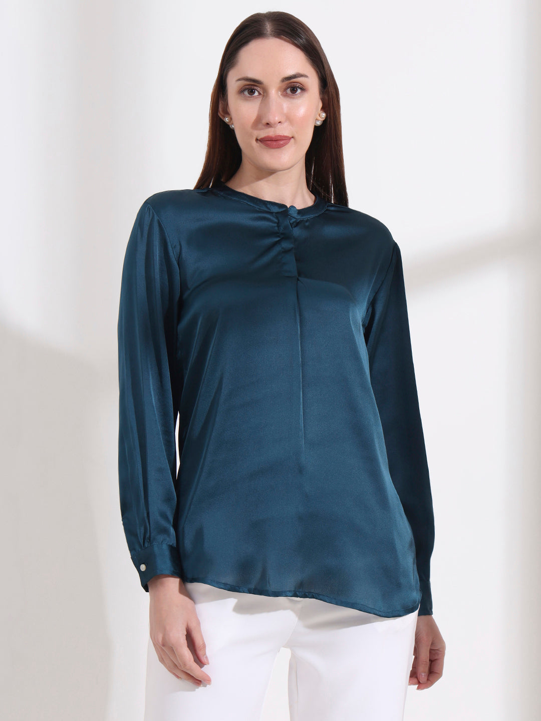 Summer Satin Deep Teal Front Pleated Tunic