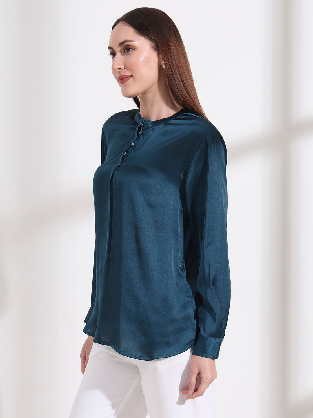Summer Satin Deep Teal Front Pleated Tunic