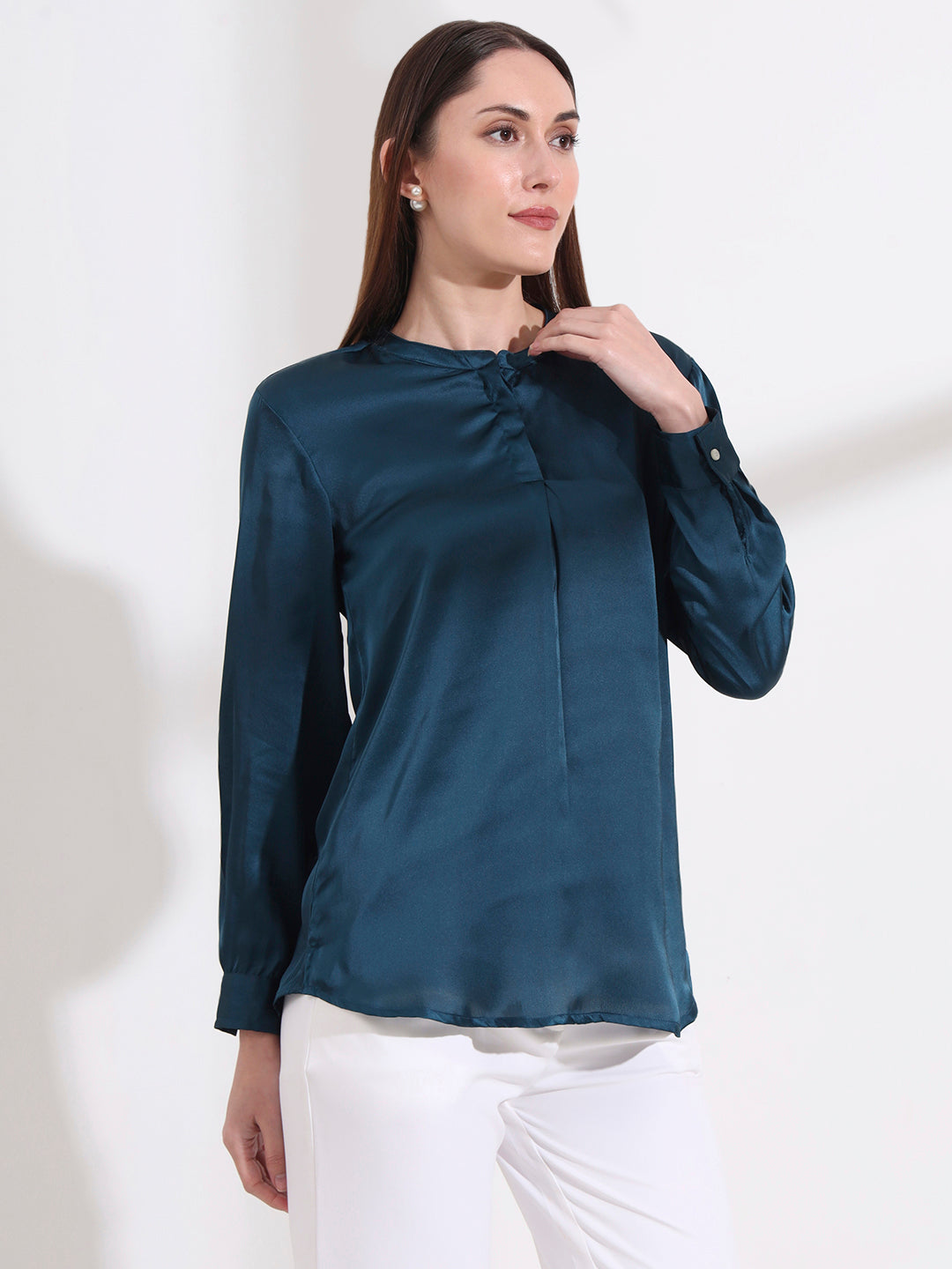 Summer Satin Deep Teal Front Pleated Tunic
