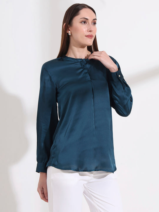 Summer Satin Deep Teal Front Pleated Tunic