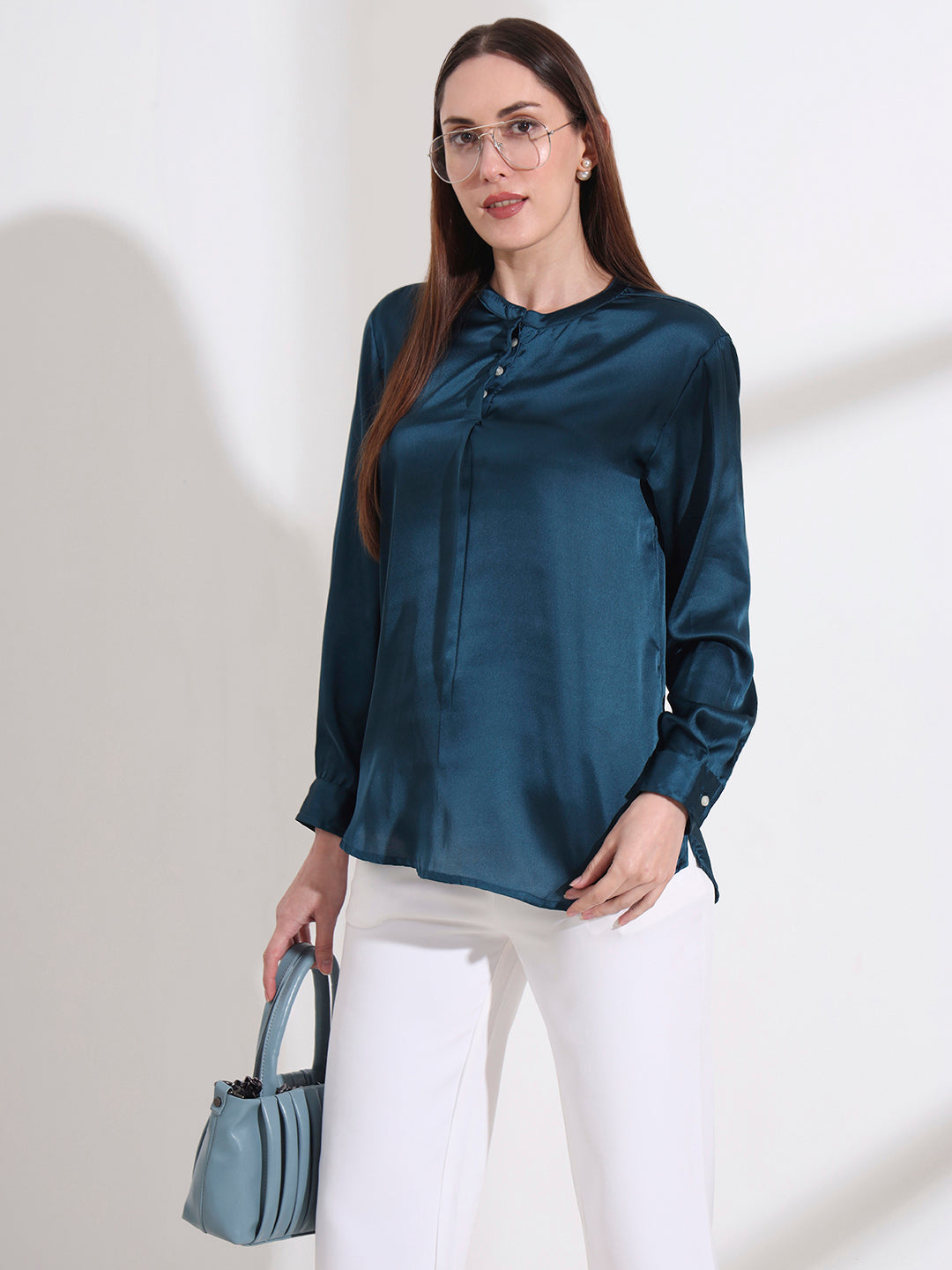 Summer Satin Deep Teal Front Pleated Tunic