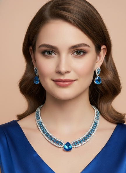 Blue Cubic Zirconia Necklace & Earrings Set for Women