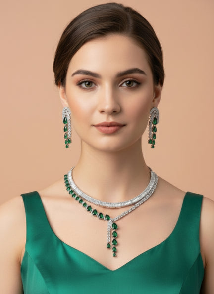Celestial Green Cubic Zirconia Teardrop Necklace & Earrings Set