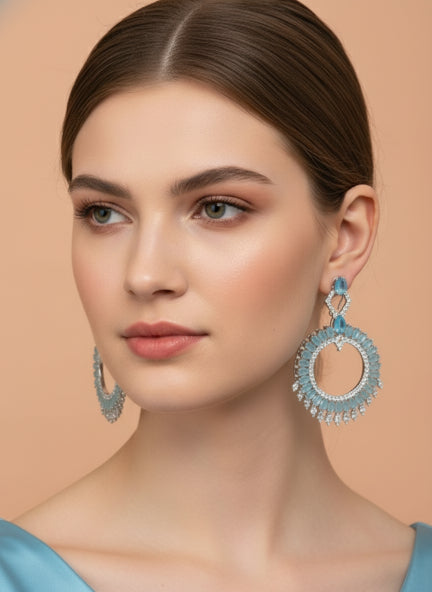 Elegant Sky Blue & Silver Cubic Zirconia Statement Hoop Earrings for Women