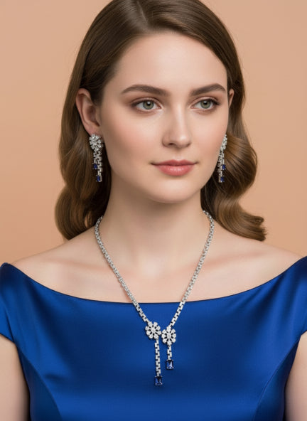 Blue Sapphire Cubic Zirconia Necklace & Earrings Set for Women