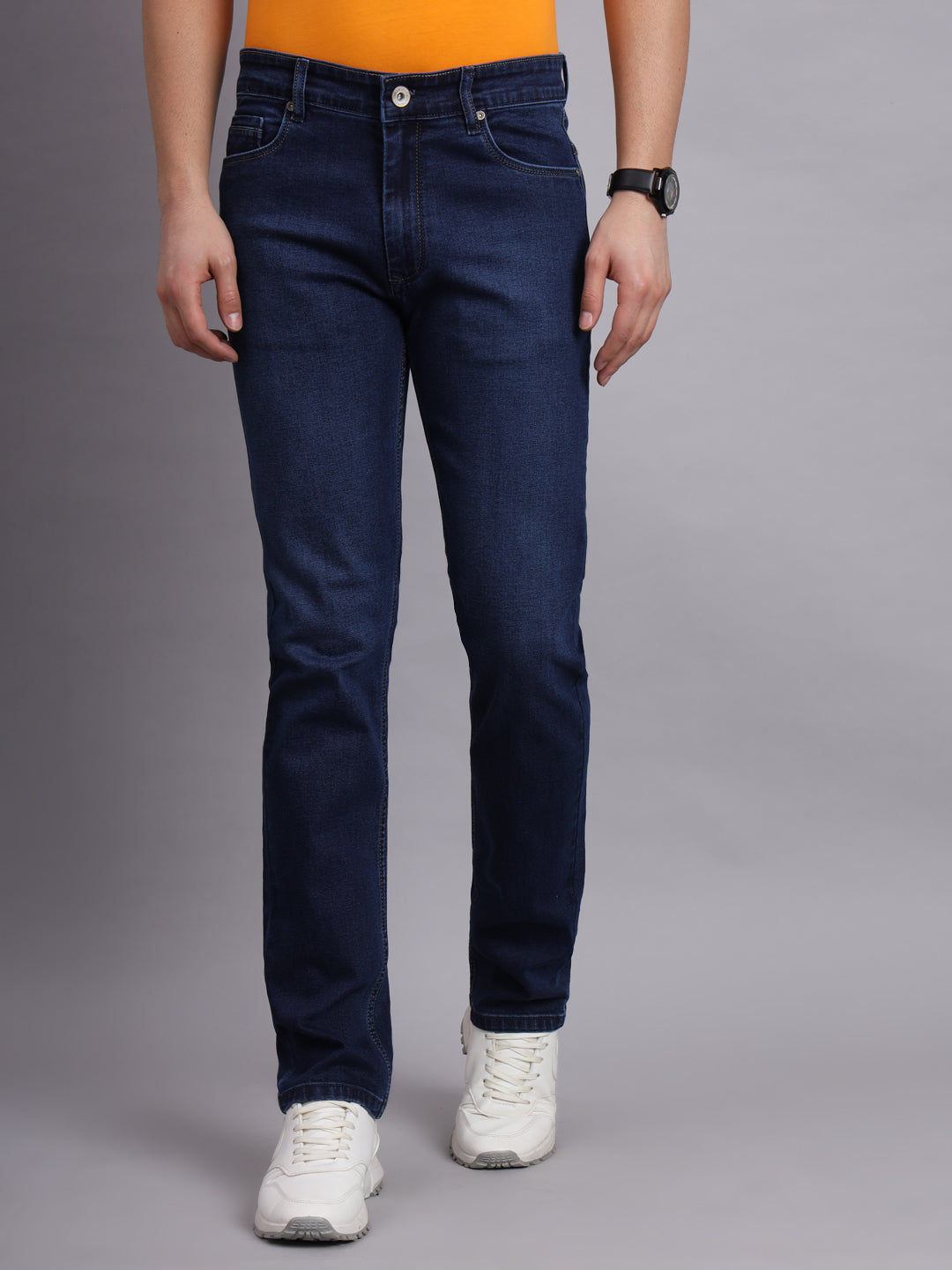 Premium Men's Dark Navy Jeans Straight Fit with Stretch Comfort