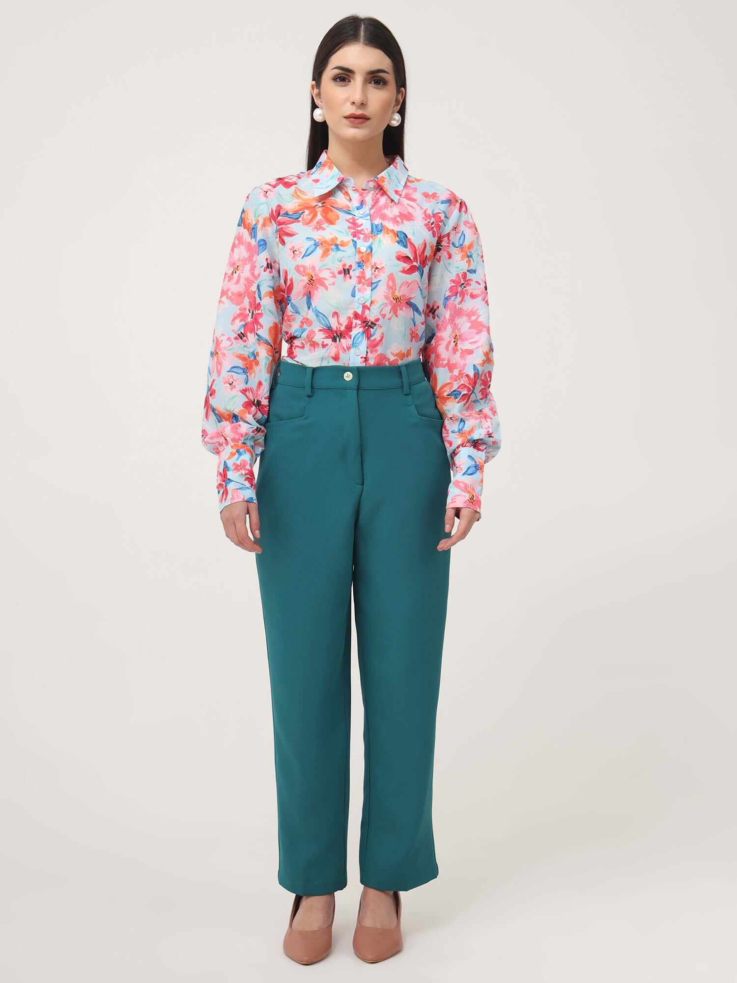 WOMEN'S LUXURY BANANA CREPE TEAL C PANT