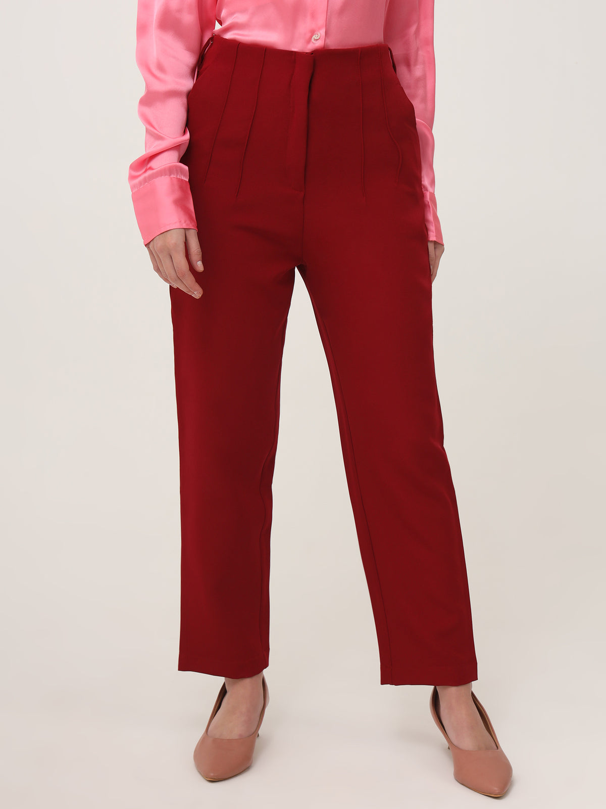 WOMEN'S LUXURY BANANA CREPE MAROON SKIN FIT WITH MULTI PLEATED TROUSER