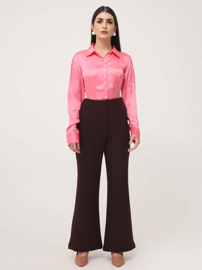 WOMEN'S LUXURY BANANA CREPE DARK CHOCLATE FLARED TROUSER WITH SLASH POCKET