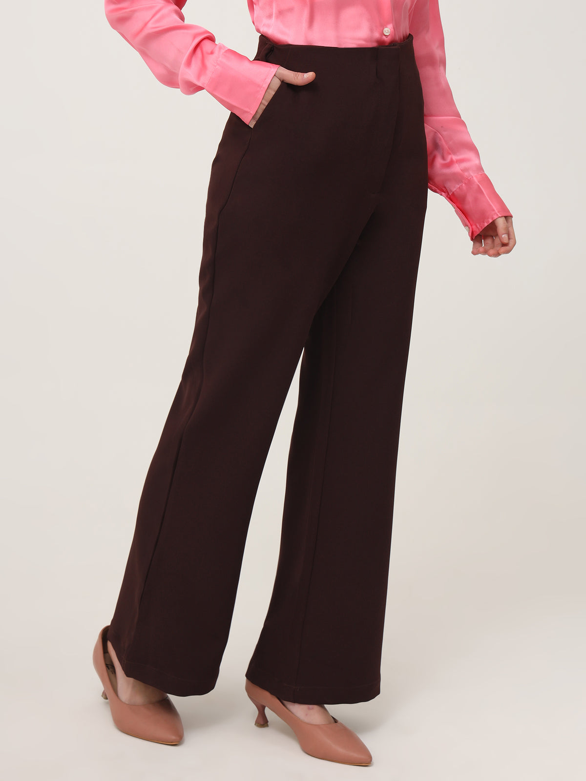 WOMEN'S LUXURY BANANA CREPE DARK CHOCLATE FLARED TROUSER WITH SLASH POCKET