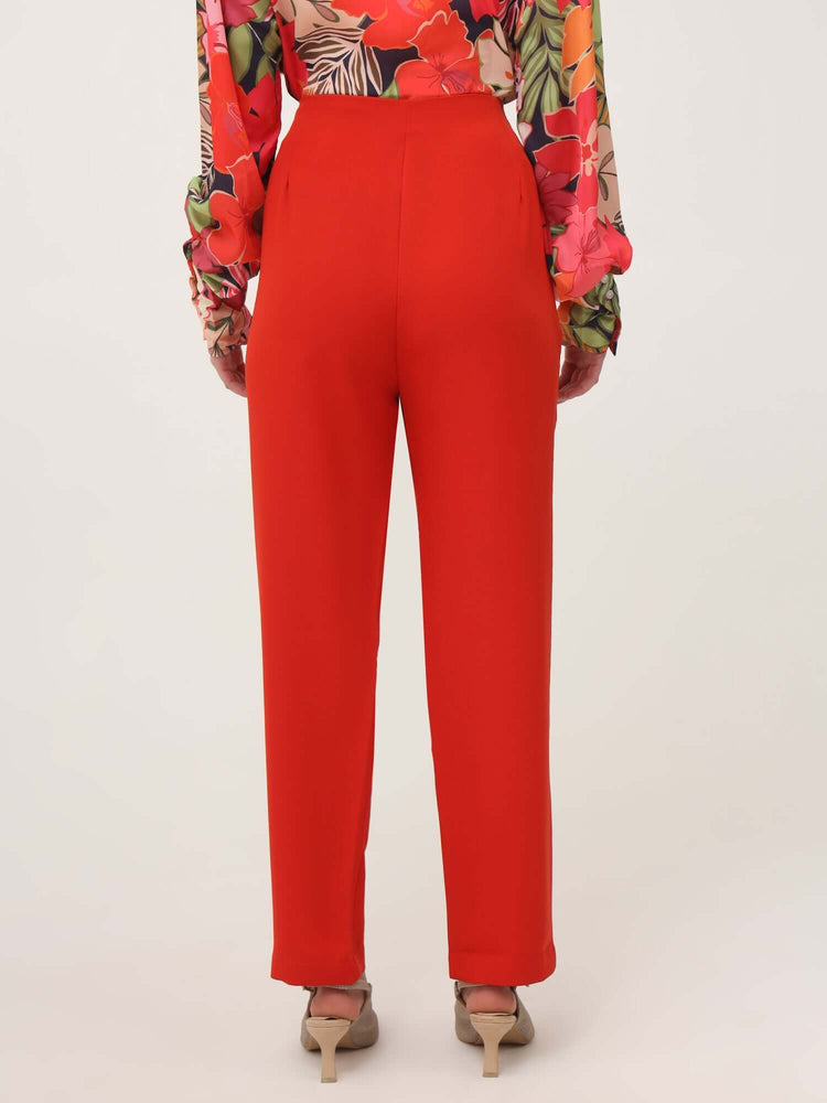 Women'S Luxury Banana Crepe Mars Red Skin Fit With Multi Pleated Trouser