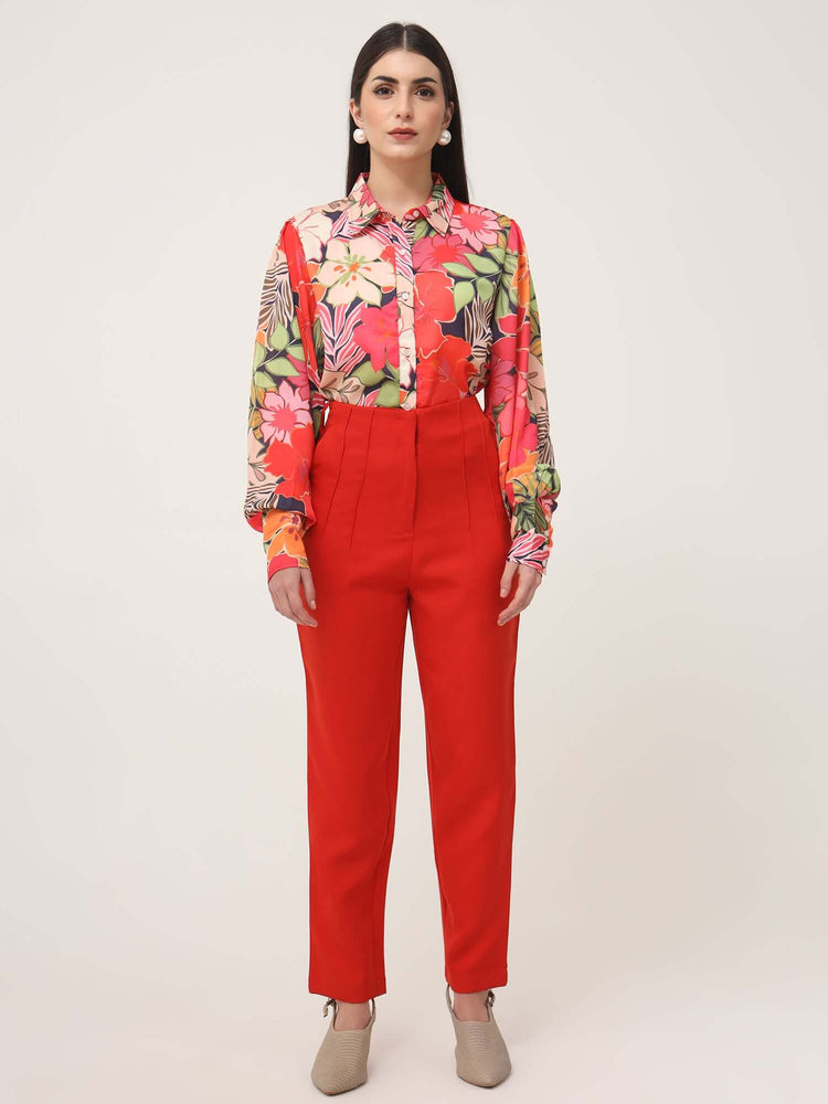 Women'S Luxury Banana Crepe Mars Red Skin Fit With Multi Pleated Trouser