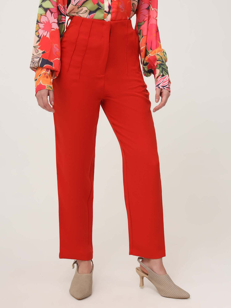 Women'S Luxury Banana Crepe Mars Red Skin Fit With Multi Pleated Trouser
