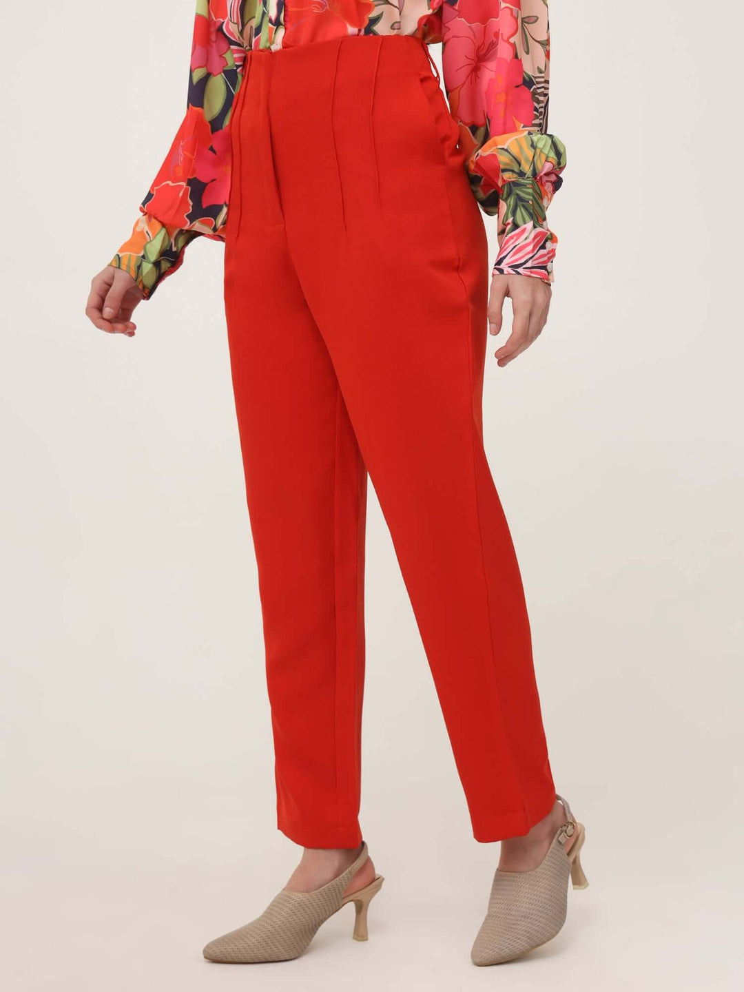 Women'S Luxury Banana Crepe Mars Red Skin Fit With Multi Pleated Trouser