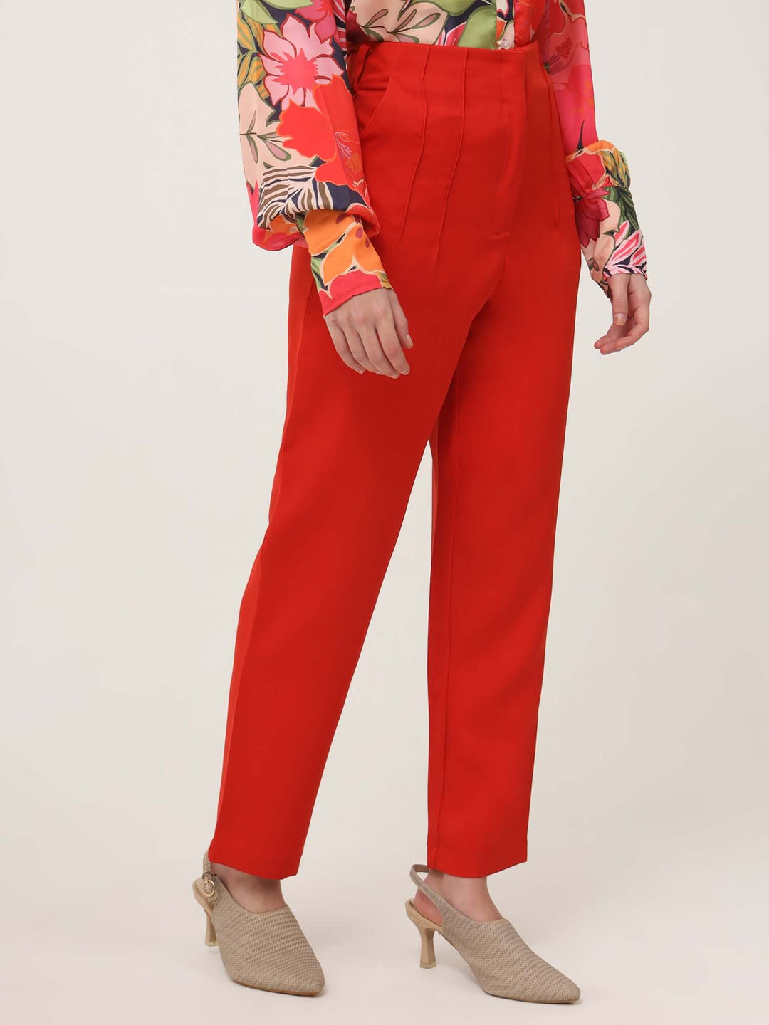 Women'S Luxury Banana Crepe Mars Red Skin Fit With Multi Pleated Trouser