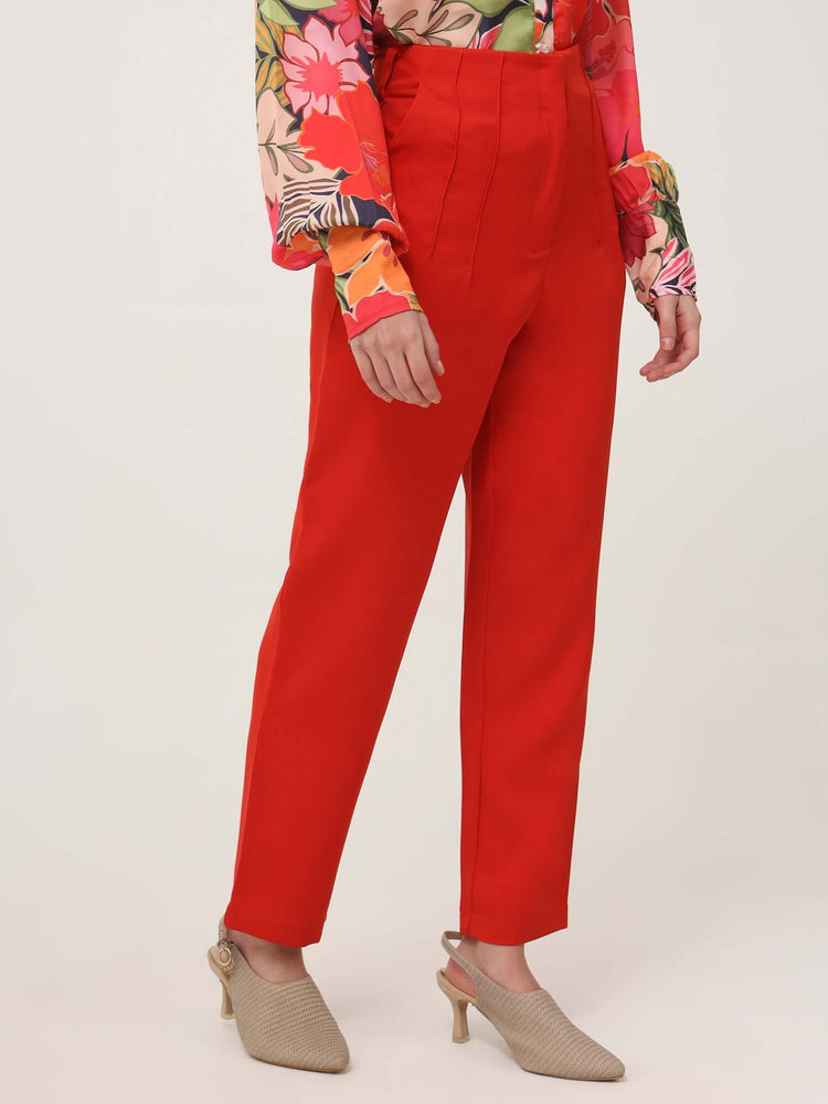 Women'S Luxury Banana Crepe Mars Red Skin Fit With Multi Pleated Trouser