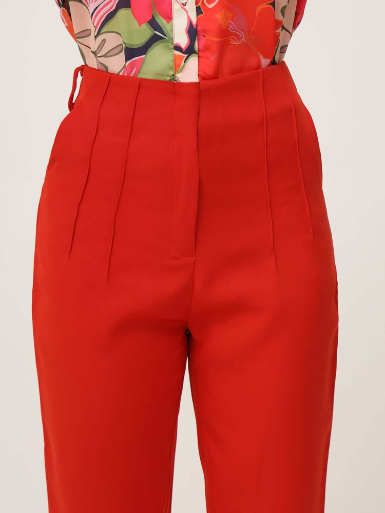 Women'S Luxury Banana Crepe Mars Red Skin Fit With Multi Pleated Trouser