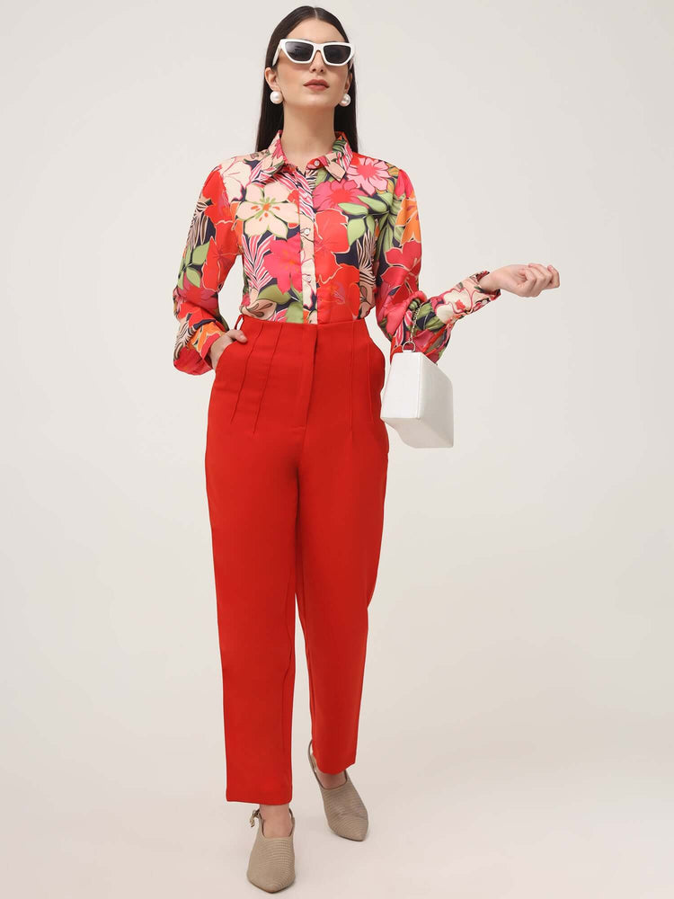 Women'S Luxury Banana Crepe Mars Red Skin Fit With Multi Pleated Trouser
