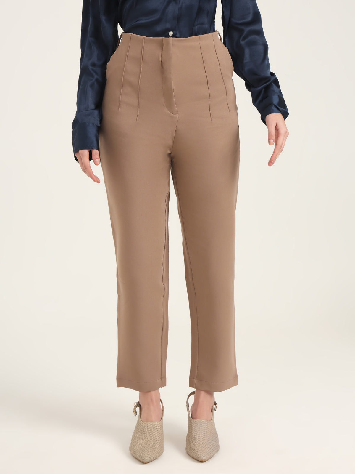 WOMEN'S LUXURY BANANA CREPE DARK BEIGE SKIN FIT WITH MULTI PLEATED TROUSER