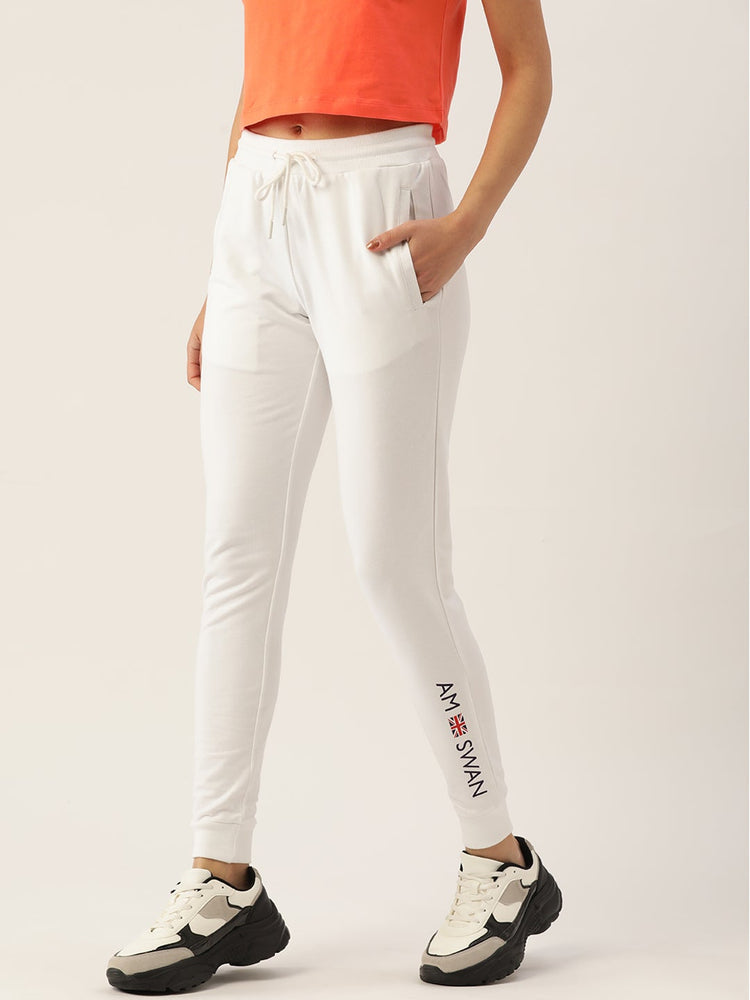 WOMENS PREMIUM WHITE COTTON LYCRA SMART FIT PRINTED TRACK PANT