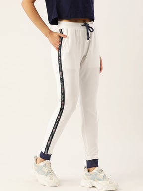 WOMENS WHITE COTTON LYCRA SMART FIT SOLID TRACK PANTS