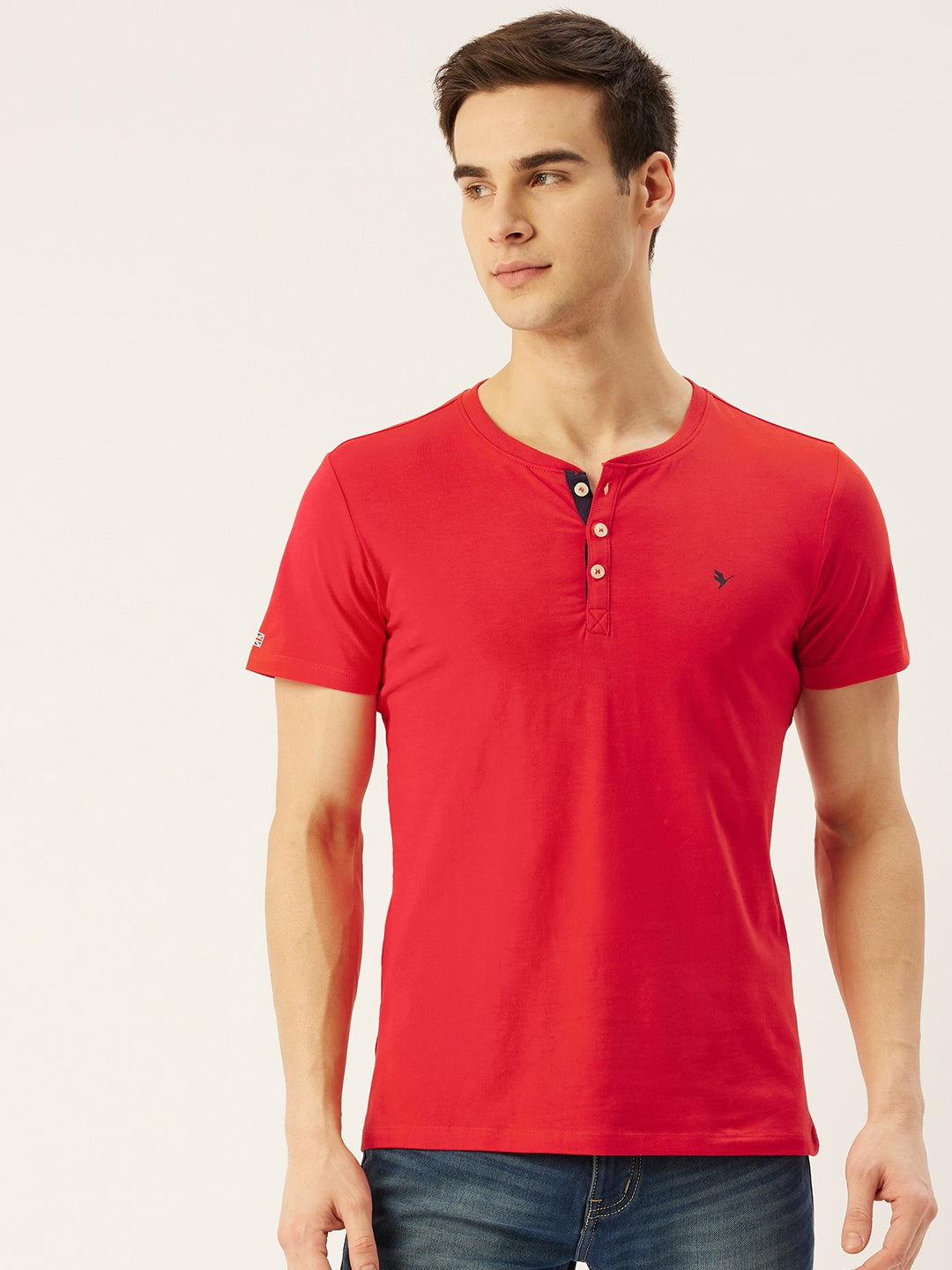 MENS PREMIUM COTTON LYCRA HENLEY HALF SLEEVE CREW NECK T-SHIRTS