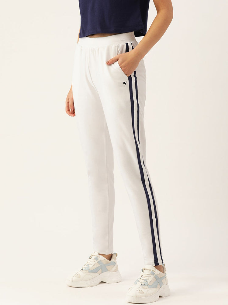 WOMENS WHITE COTTON LYCRA SMART FIT SOLID TRACK PANTS