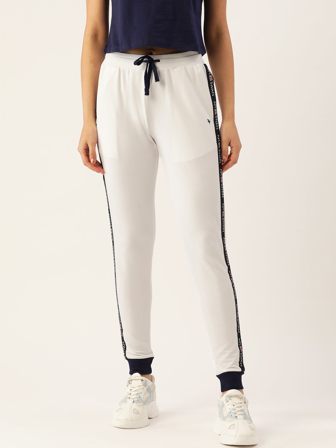 WOMENS WHITE COTTON LYCRA SMART FIT SOLID TRACK PANTS