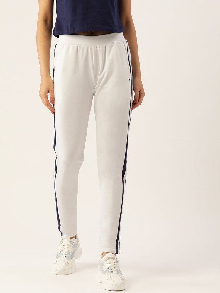 WOMENS WHITE COTTON LYCRA SMART FIT SOLID TRACK PANTS