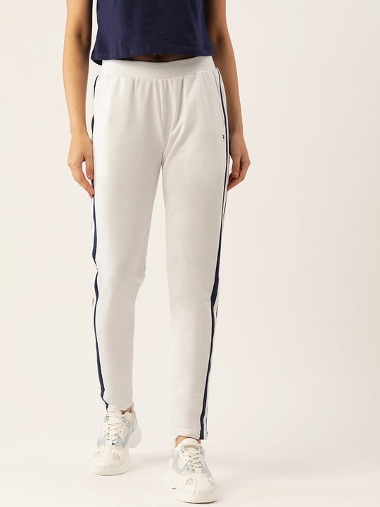 Womens White Cotton Lycra Smart Fit Solid Track Pants