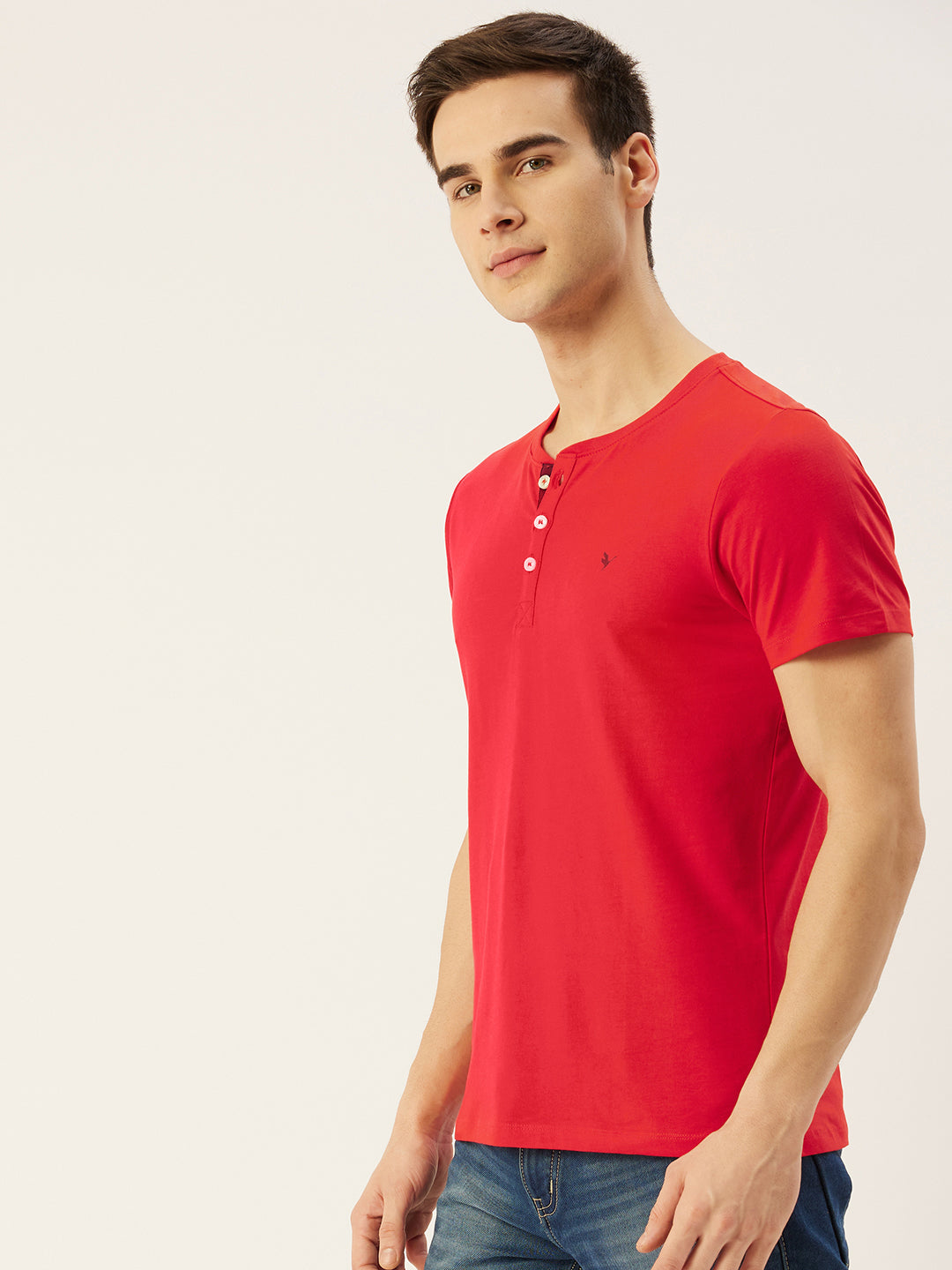 MENS PREMIUM COTTON LYCRA HENLEY HALF SLEEVE CREW NECK T-SHIRTS