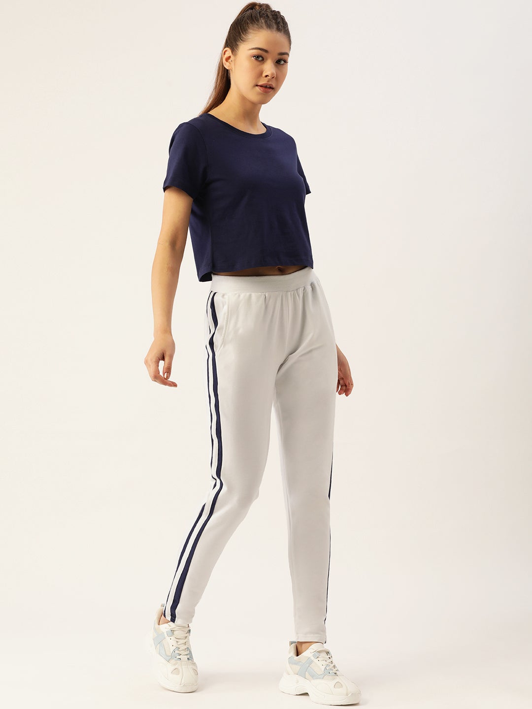 WOMENS WHITE COTTON LYCRA SMART FIT SOLID TRACK PANTS