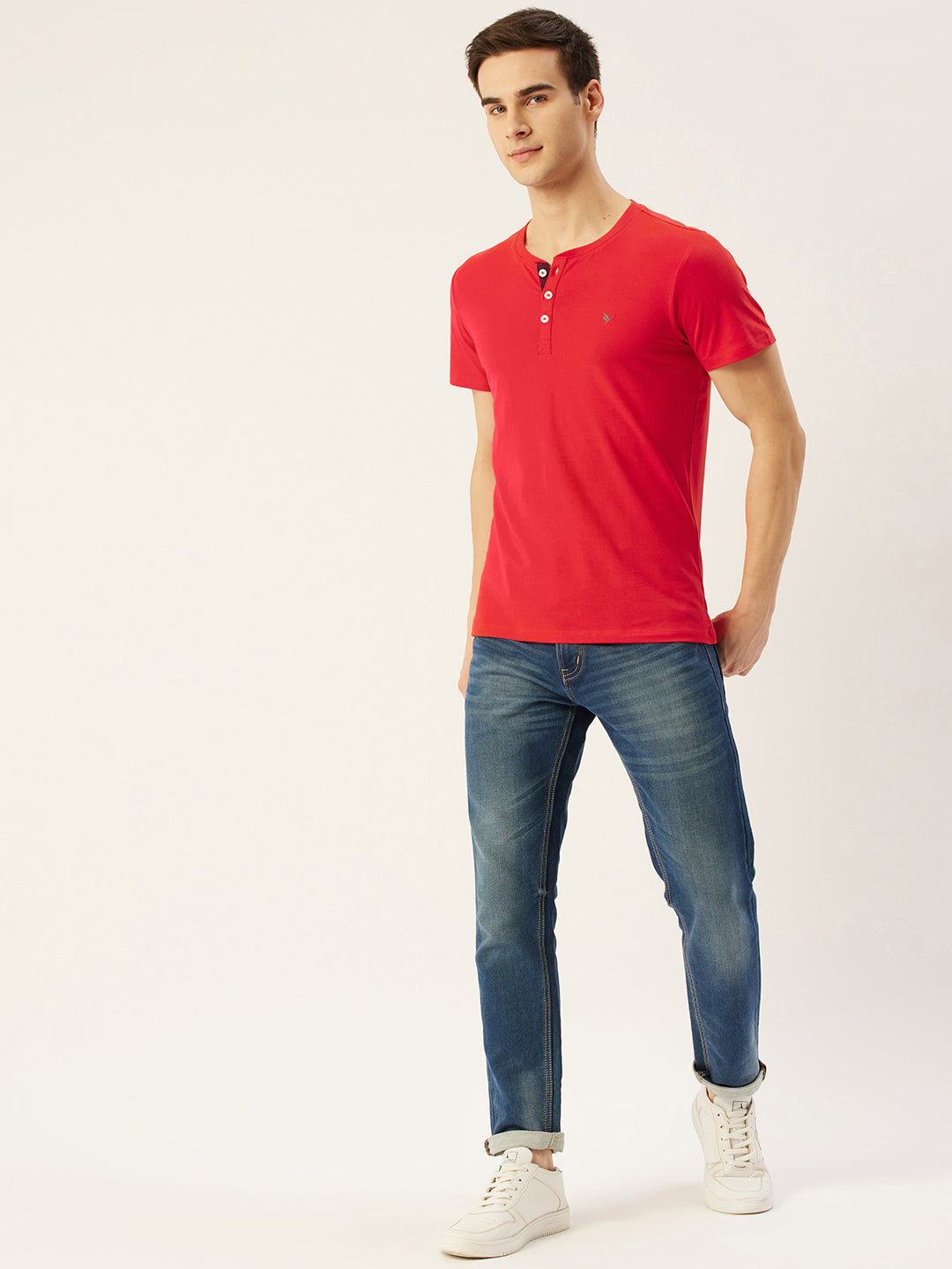 MENS PREMIUM COTTON LYCRA HENLEY HALF SLEEVE CREW NECK T-SHIRTS