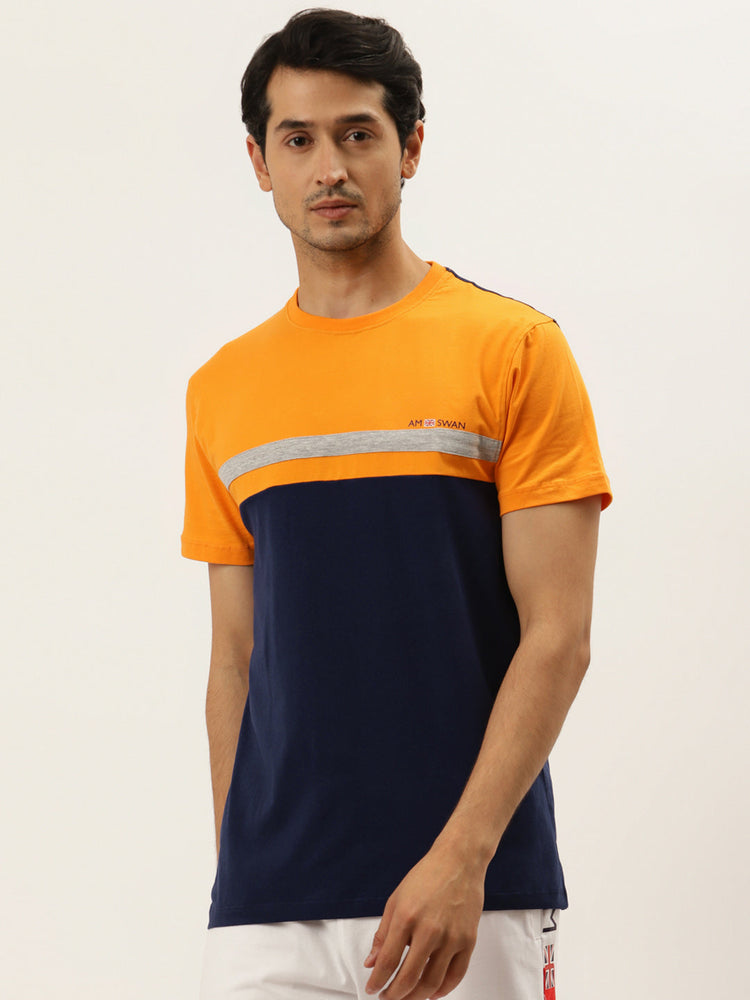 Mens Premium Cotton Lycra Colorblock Printed Half Sleeve Crew Neck T-Shirts